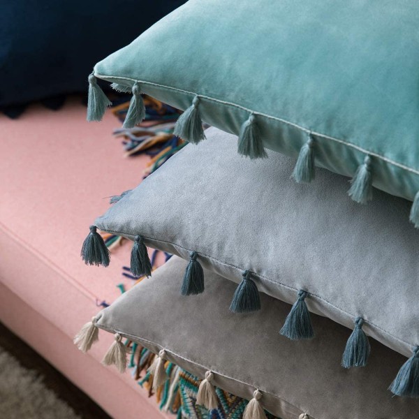 Pakke med 2 Bløde Fløjlsagtige Dekorative Pudebetræk med Kvaster Boho Pudebetræk til Sofa Seng 45x45cm Lyseblå water blue 45*45cm
