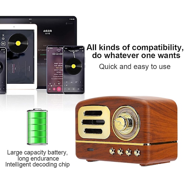 Bærbar Bluetooth Stereo Højttaler, Forbedret Bas Retro Trådløs Retro Højttaler, Med Tf-Kortslot (Lysebrun)