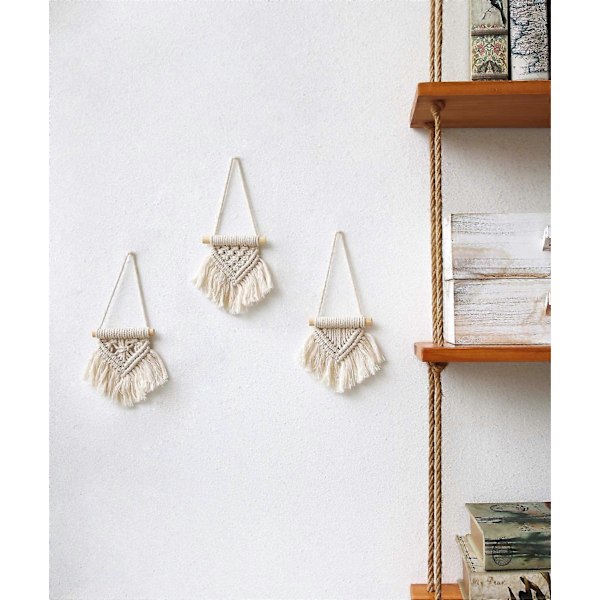 Mini Makramé Väggbonad 3 st Söta Boho Biltillbehör Ornament Vävd Konst Dekor Handgjorda Presentidéer, 8,9 cm B x 10,2 cm H, Liten