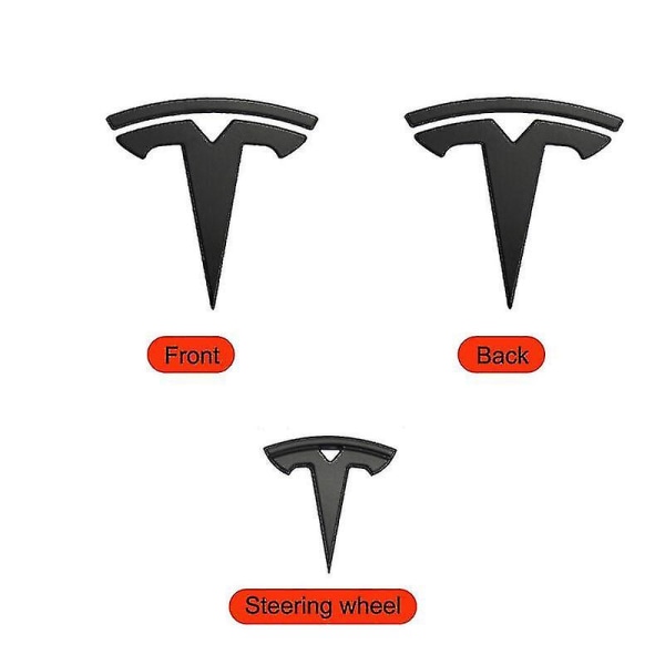 3x matt svart T-logotyp Hood Wheel Badge Tesla Model Y