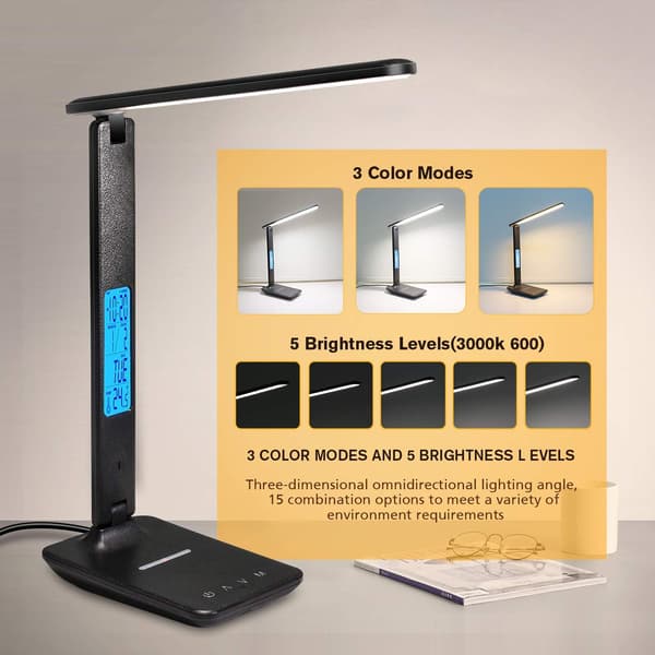 Skrivebordslampe, LED-skrivebordslampe med trådløs lader, USB-lading