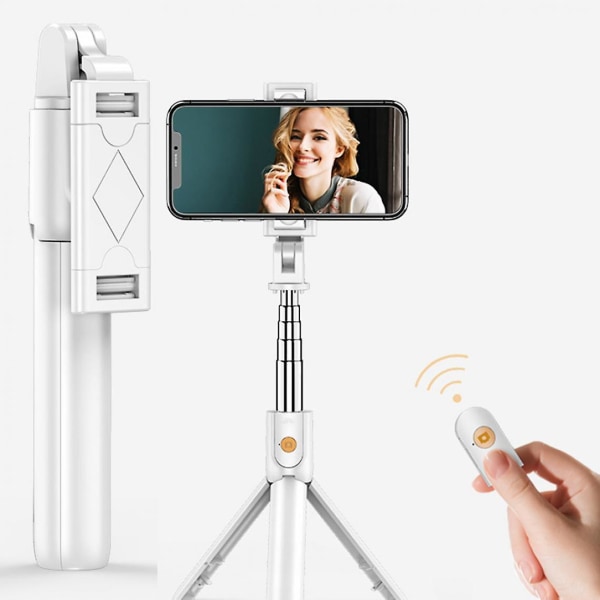 Utvidbar 3-i-1 Selfie Stick med Bluetooth-fjernkontrolllukker og hvit stativ