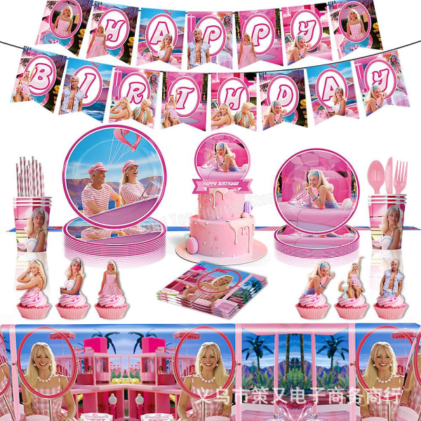 Ny film Barbie Födelsedagsfest Dekor Rosa temafigurer Set Bakgrund Papperstallrik Tissue Serviser Tillbehör Tillbehör 7inches plates 10pcs