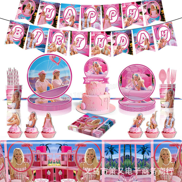 Uusi elokuva Barbie syntymäpäiväjuhlan koriste Pinkki teema Figuurit Ilmapallosetti Tausta Paperilautanen Silkkipaperi Pöytäastiat Tarvikkeet balloons-2 19pcs