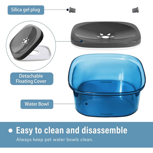 Spillfri hundvattenskål, husdjursvattenskål, långsam hundvattenskål 2L, spillsäker, spillsäker och kvävningssäker, husdjursvattenfontän (blå) Clear Blue
