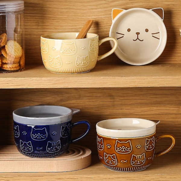 Kreativa keramiska kaffemuggar med lock Söt kattporslinskopp