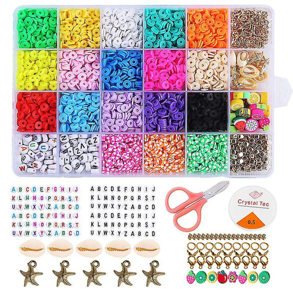4000 stk Polymer lerperler 18 farver flade perler 6 mm, med lerperler, bogstavperler, hopperinge, vedhæng, krystalsnor til gør-det-selv smykker Armbånd halskæde