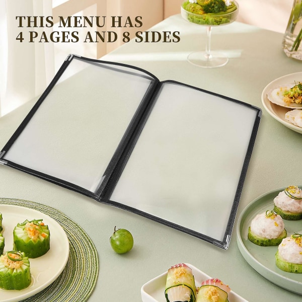 2 stk. gennemsigtige menukort til restauranter til A4-størrelse, bogstil, café, bar, 4 sider, 8 visninger