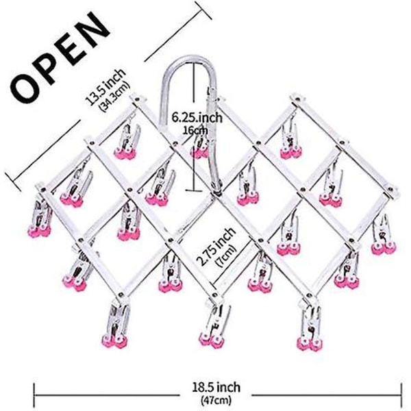 Rustfrit stål tørrestativ, sammenklappelige bøjler, ophængningsstativ, vindafvisende, 18 klemmer til undertøj, sokker, handsker, hurtig fjernelse