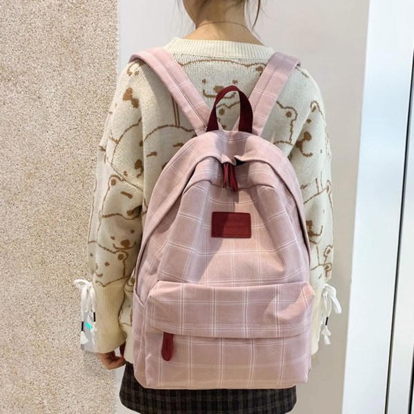 Kvinders let æstetisk rygsæk, Plaid skoletaske Academia Backpack Laptop Bogtaske, Back To School Rygsæk Supplies, Throwback Plaid, Pink, 30*14*4