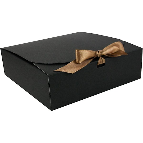 Pakke med 12 firkantede gaveæsker, 16,5 cm x 16,5 cm x 5 cm, nem at samle, sort æske med sløjfebånd