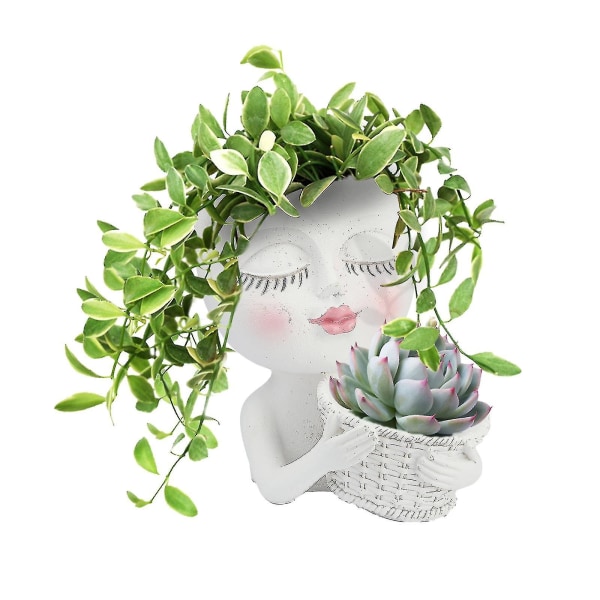Ansigt Planter Pot - Dobbelt urtepotter i én til indendørs udendørs planter Resin Cute Lady Face white
