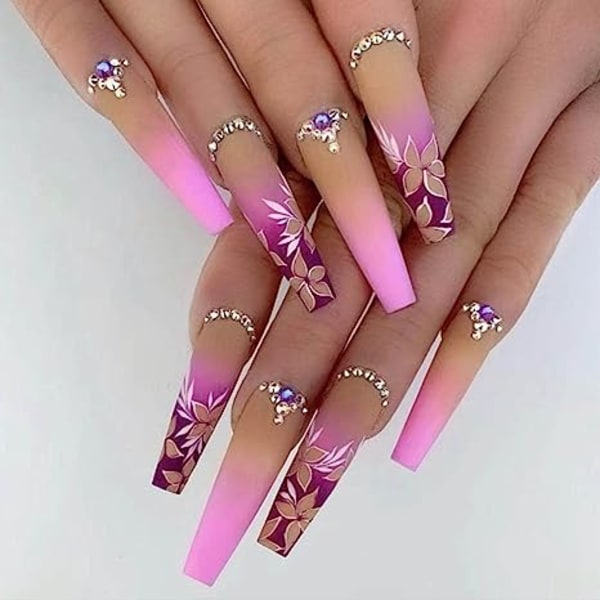 Kunstige ekstra lange tryk på negle, Rhinestone Pink falske negle med glitter Ac Jelly type 1