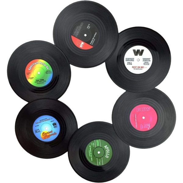 Personlige plateunderlegg, 6-paknings svarte vintage vinyl-CD-underlag for drinker, tilbehør til hjemmeinnredning for barmatter til hjemmet, gaver til musikkelskere