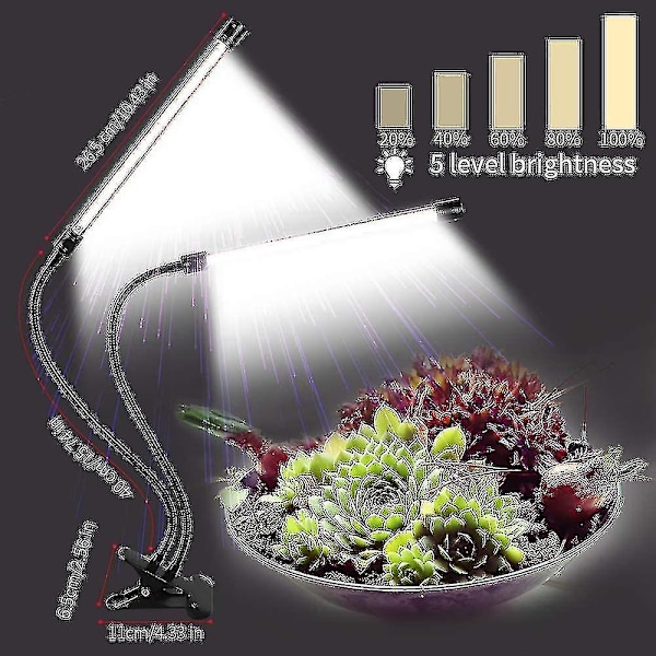 Plantelys, sollys hvid 50w 84 LED dobbelt hoved klips plantelys, 4/8/12h timer 5 dæmpbare niveauer
