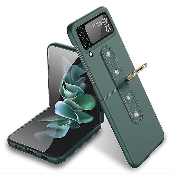 Nahkainen saranasuojakotelo, yhteensopiva Samsung Galaxy Z Flip 4:n kanssa, jossa rengasjalusta Green