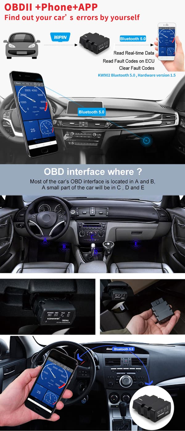 KW902 Bluetooth 3.0 oppgradering 4.0 5.0 bil feilskanner dual mode støtter Android og IOS