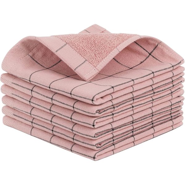 Handdukar 100% bomullsfrotté kökshanddukar, mycket absorberande, snabbtorkande disktrasor, idealiska för rengöring av hemmakök, 6-pack, 13 x 13 tum, rosa