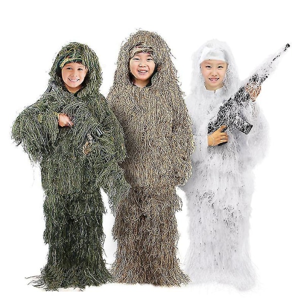 Børnestørrelse Ghillie Suit Camo Woodland Camouflage Skovjagtspil 5-delt taske White 130