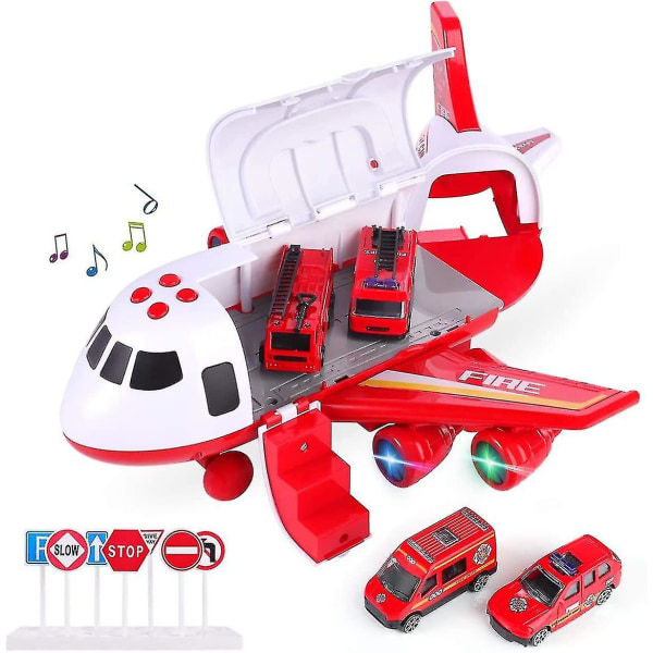 Luftkjøretøyspill, treghetshjulplan med pedagogiske leker for kjøretøy, 1 stort fly, 4 biler gavelegering for barn Guttepike (brannmann og rød)