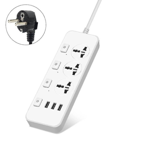 Strømskinne 5v2.1a overspenningsvern med 3 stikkontakter og 3 USB-porter for USA/Storbritannia/EU