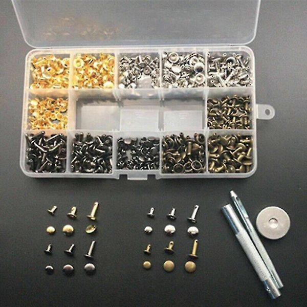 Lädernit Dubbel Lock Metall Nitar Fästverktyg Håltång Kit.(silver+guld)(360st)