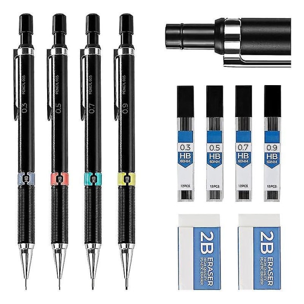 Mekanisk blyantsæt 0,3 0,5 0,7 0,9 mm, automatisk blyant, 4 stk. med viskelæder og blyrefill F