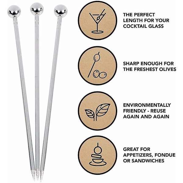 50 stk rustfrie stål cocktailpinner i metall, 4,3 tommer