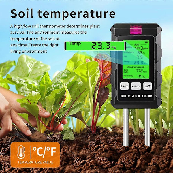 6-i-1 Jordtester LCD Jordmålingsenhet Tester PH-verdi Temperatur Lys Fuktighet js