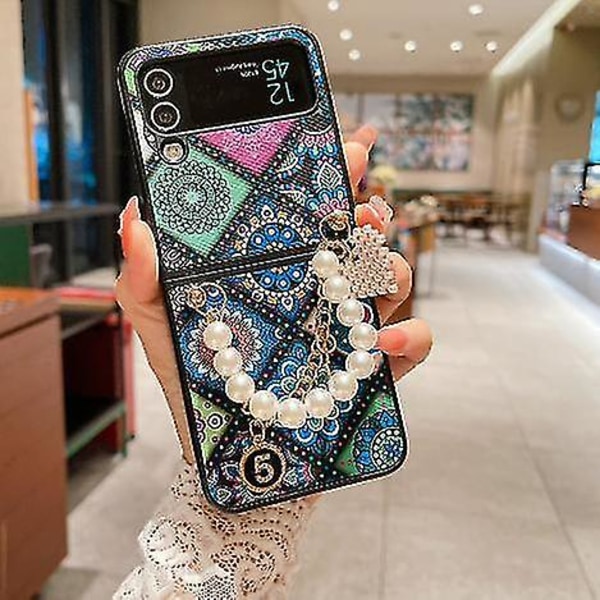 Retro etnisk stil telefondeksel kompatibelt Samsung Galaxy Z Flip 4 med armbåndsrem Støtsikkert Z Flip 4-deksel