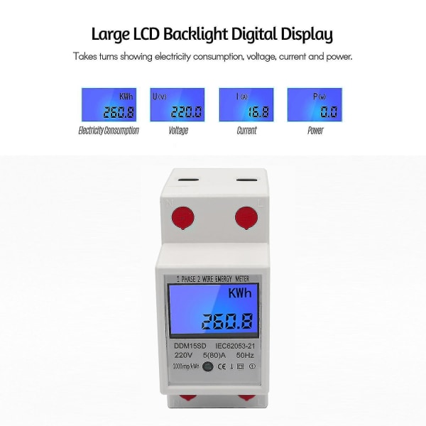 Yksivaiheinen DIN-kiskoenergiamittari 5-80A 220V 50Hz Elektroninen kWh-mittari LCD-taustavalon digitaalisella näytöllä DDM15SD