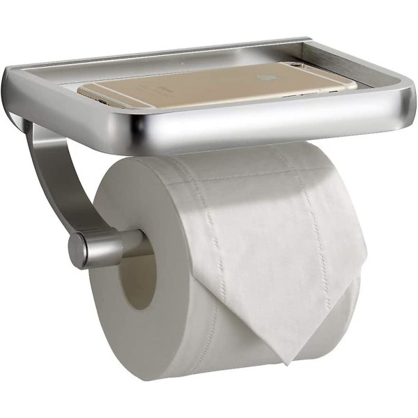Toalettpapirholder med hylle, antirust aluminium toalettrullholder med telefonhylle for alle mobiltelefoner, veggmontert baderomspapirholder for S