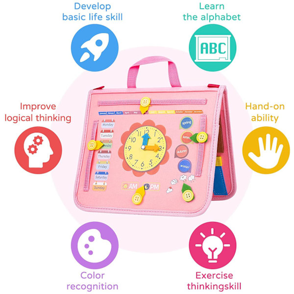 Montessori-leksak för småbarn, 4-lagers aktivitetsbräda, sensorisk leksak, Montessori-leksaker för pojkar 3 4 år, lär sig grundläggande livsfärdigheter Pink clip clock model
