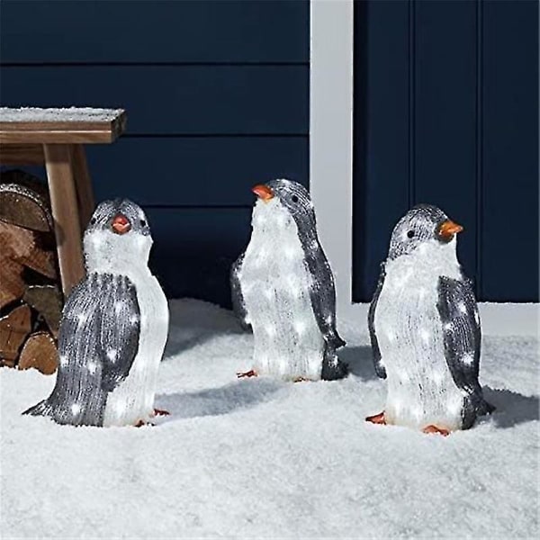 3-delers forhåndsbelyst pingvin julepynt utendørs med led hagelys - Large-hgbd