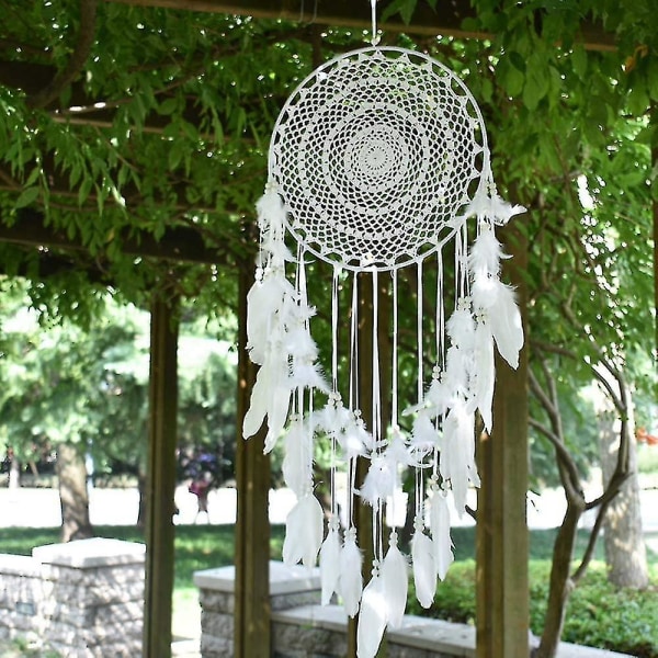 Stor Boho Drömfångare Vit Fjäder Macrame Väggdekoration