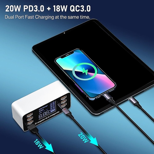 60w 8 porttia USB puhelimen laturi Qc3.0 Type C USB C pikalaturi Quick Charge 3.0 Smart Led Display(eu