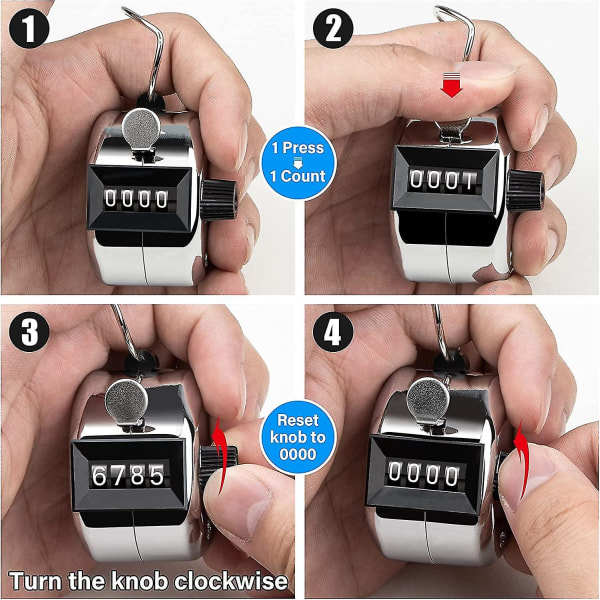 Tally Counter, 4-cifret Clicker Counter, Metal Hånd Tally Counters Clicker til tælling, golfscoring (sølv 1 stk)