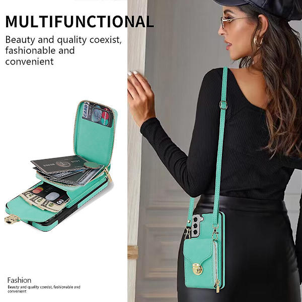 For Samsung Galaxy S22 5G PU +TPU-kortlommedeksel med stativ og glidelås, telefondeksel med skulderstropp Mint Green