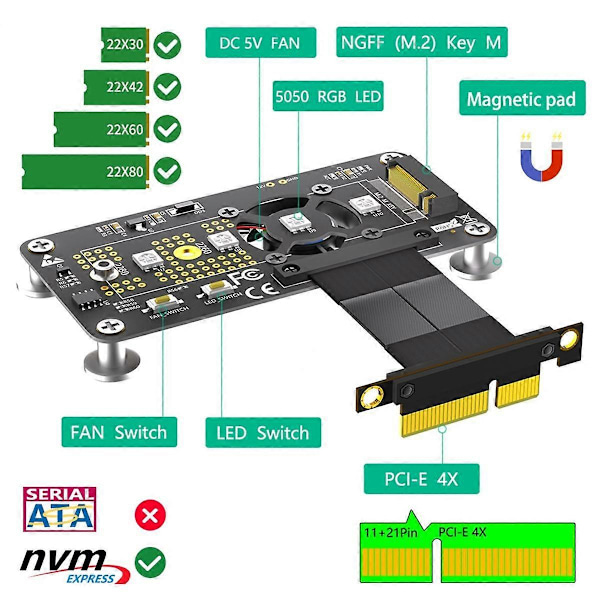 3 in 1 M.2 (NGFF) NVME M-Key SSD PCI-E 4X -jatkokaapeli jäähdytystuulettimella ja automaattisella värinmuutos-LEDillä (10 cm)
