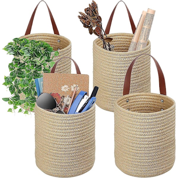 4-pack Hängande Korgar Väggkorg 7,9\" X 6,7\" Små Vävda Förvaringskorgar Jutevävda Hängande Förvaring Med Läderhandtag Små Dekorativa Korgar Eller