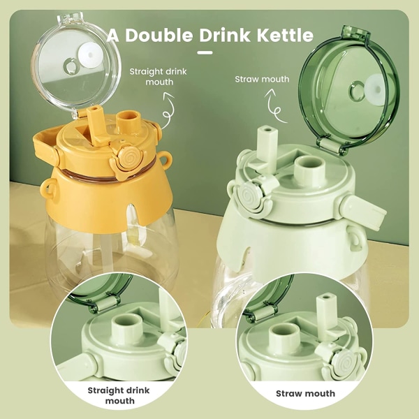 44 oz vandflasker med sugerør, Kawaii Kids vandflaske med håndtag og skulderrem, BPA-fri lækagetæt （grøn）
