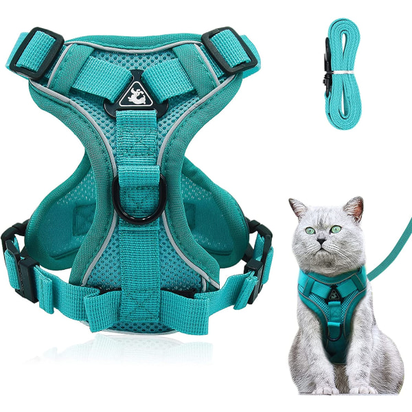 Kissan valjaat ja set, säädettävät kissan valjaat heijastavalla anti-escapella, hengittävät mesh kissoille, pienille koirille, lemmikeille (L, Lake Blue) Green L