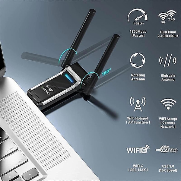 AX1800M USB WIFI 6 Adapter 802.11Ax för PC, USB 3.0 Wifi Dongle 5 GHz/2.4 GHz Hög Gain Trådlös Nätverksadapter
