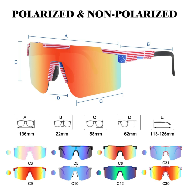Sportssolbriller, UV400 beskyttelses ridesolbriller med justerbar tempel og næsepude