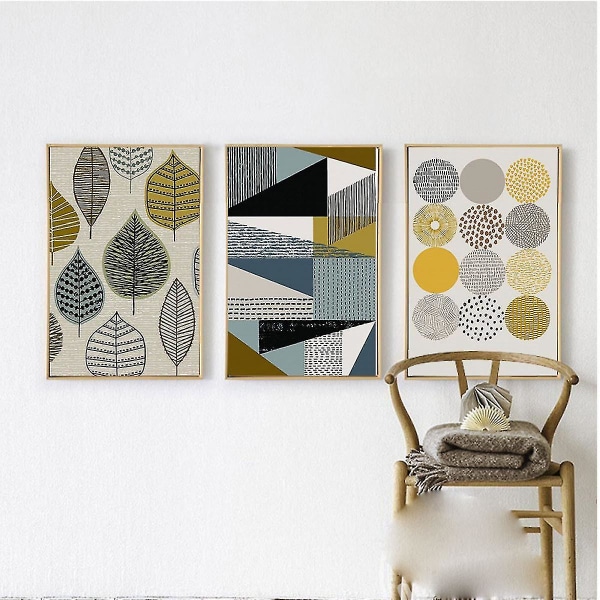 Wekity Lehdet Ja Geometria Seinätaide Canvas Painatus Juliste, Yksinkertainen Abstrakti Taide Piirustus Dekor (Sarja 3 Kehystämätöntä, 8.3''x12'')