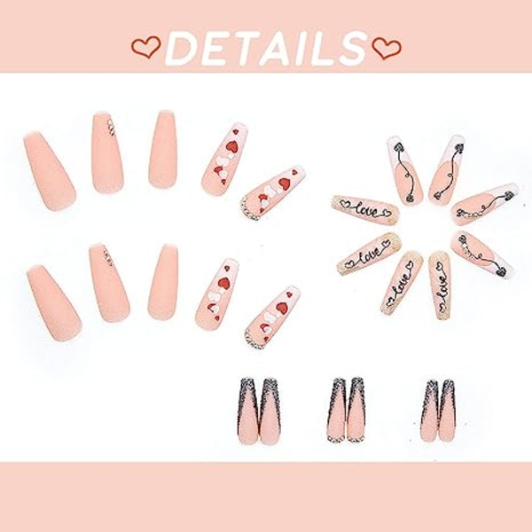 Valentinsdag Tryk på Negle Lange Hjerte Falske Negle med Neglelim Mat Nude Co true love pink diamond