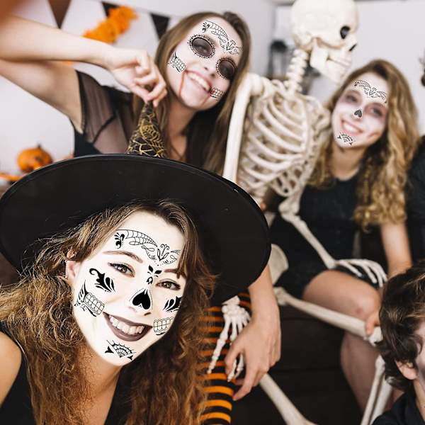 8-pakning Dag de Muertos Sukkerskalle Ansiktsmaling Midlertidig Tatovering Halloween Sminke Tatovering Klistremerker for Halloween Maskerade Fest