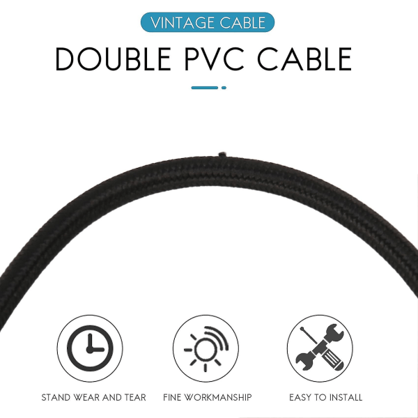 Vintage flettet 2-kjernet stoffbelysning fleksibel kabelledning, svart 5 meter