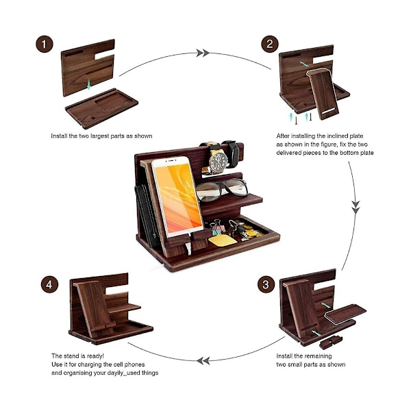 Træ Telefon Docking Station Tegnebog Stativ Ure Pung Holder Skrivebord Organizer