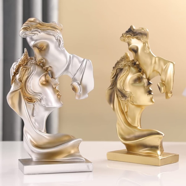 Harpiks Guld Statue Kysse Elsker Skulptur Skrivebord Moderne Kunst Figur Bord Dekoration Velegnet til Hjem Kontor Stue Sølv